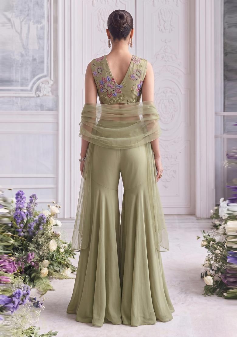 Olive Green Embroidered Organza Fusion Set - Indya