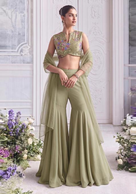 Olive Green Embroidered Organza Fusion Set