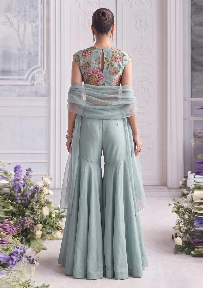 Powder Blue Embroidered Organza Fusion Set - Indya