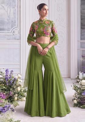 Olive Green Embroidered Organza Fusion Set