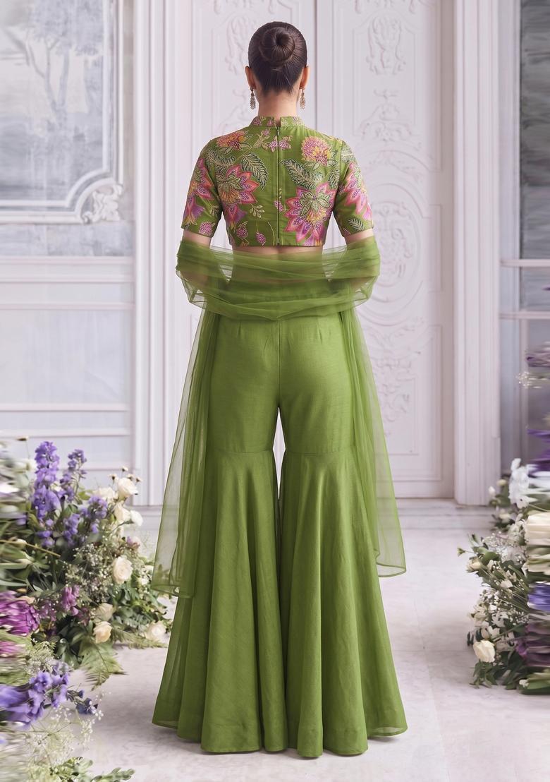 Olive Green Embroidered Organza Fusion Set - Indya
