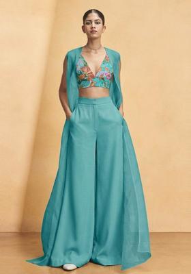 Turquoise Embroidered Crepe Fusion Set