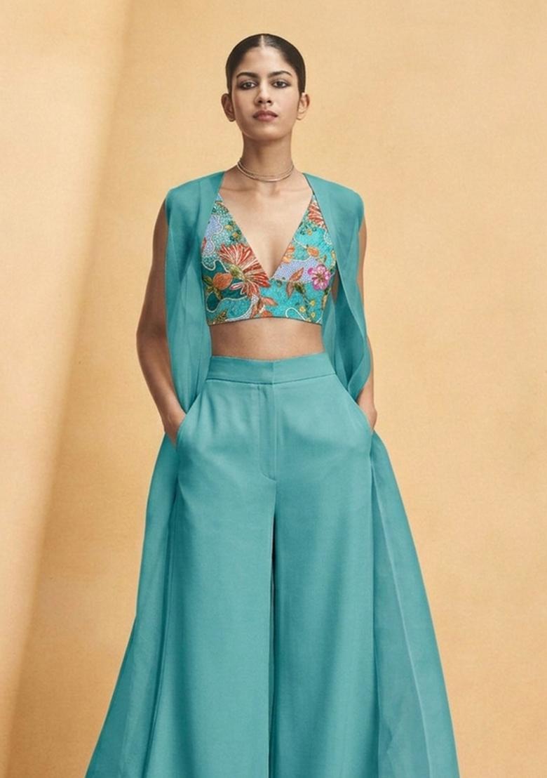 Turquoise Embroidered Crepe Fusion Set - Indya
