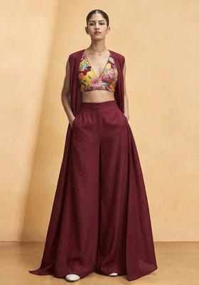 Maroon Printed Crepe Fusion Set