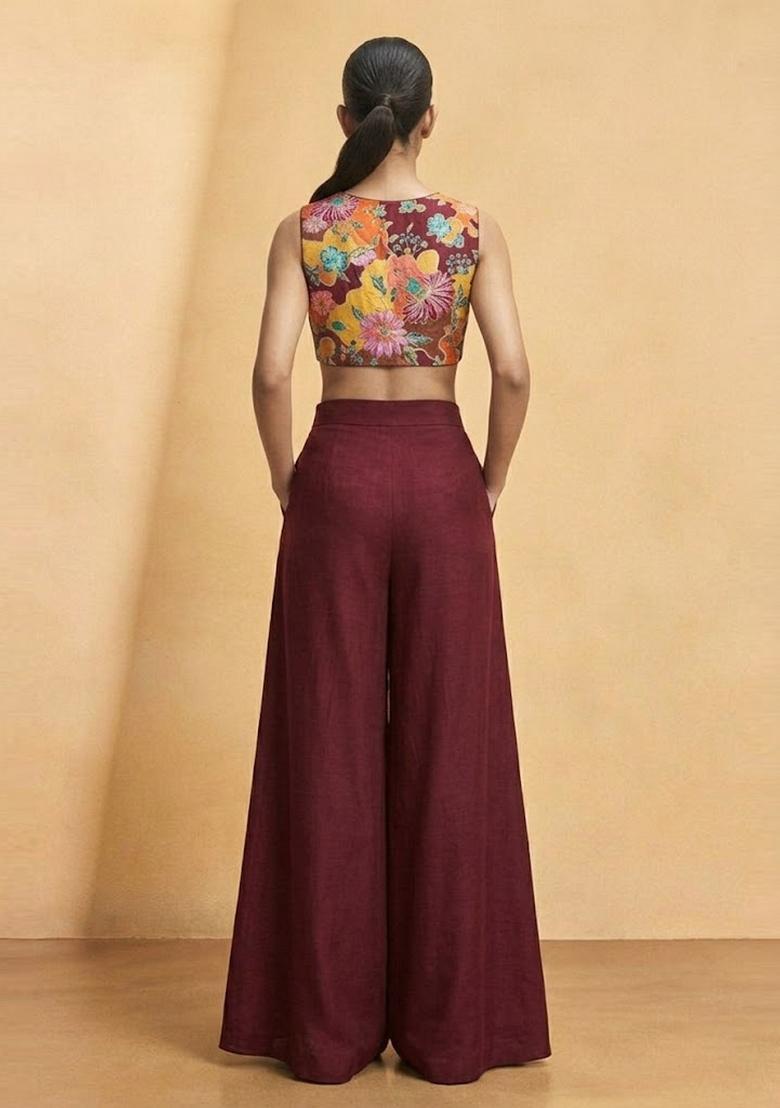 Maroon Printed Crepe Fusion Set - Indya