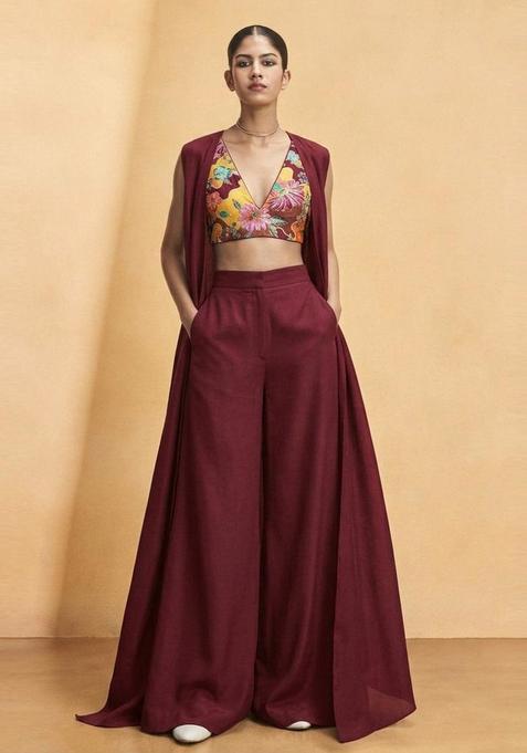 Maroon Printed Crepe Fusion Set