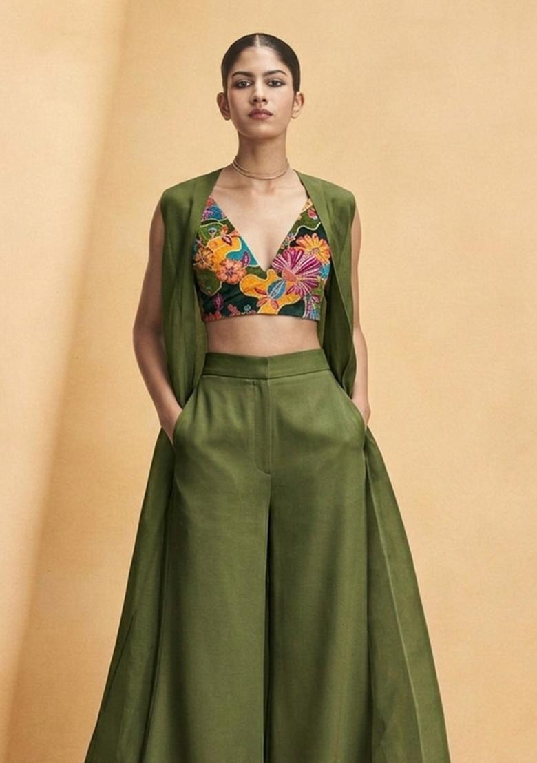Olive Green Printed Crepe Fusion Set - Indya