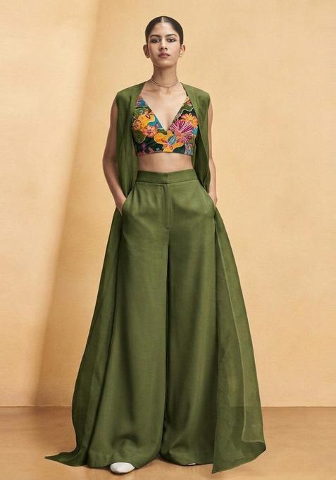 Olive Green Printed Crepe Fusion Set