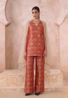 Crimson Red Brocade Kurta Set