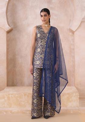 Navy Blue Brocade Kurta Set