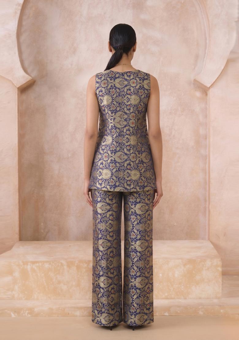 Navy Blue Brocade Kurta Set - Indya