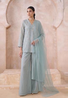 Pastel Blue Embroidered Chanderi Kurta Set