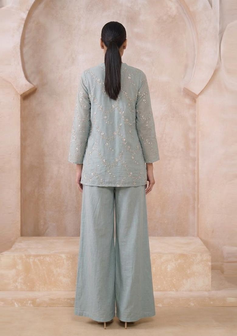 Pastel Blue Embroidered Chanderi Kurta Set - Indya