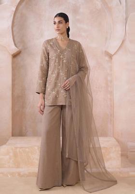 Brown Embroidered Chanderi Kurta Set