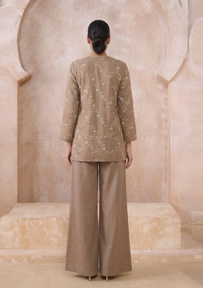 Brown Embroidered Chanderi Kurta Set - Indya