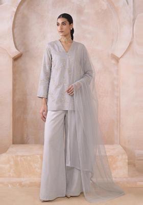 Light Grey Embroidered Chanderi Kurta Set