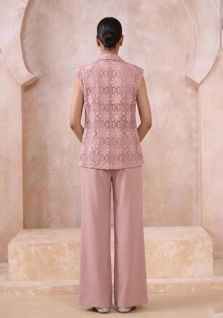 Dusty Pink Embroidered Hakoba Fusion Set - Indya