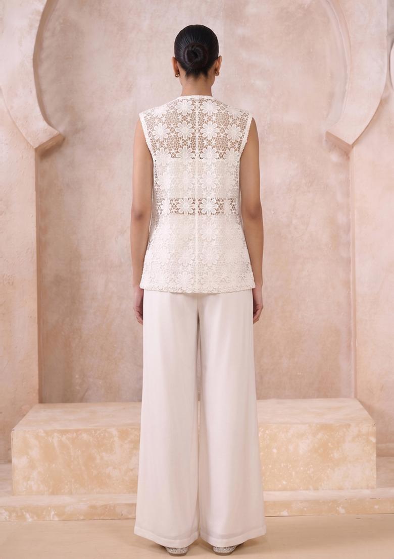 Off White Embroidered Hakoba Fusion Set - Indya