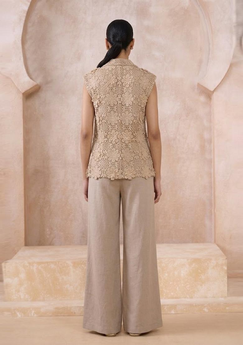 Beige Embroidered Hakoba Fusion Set - Indya