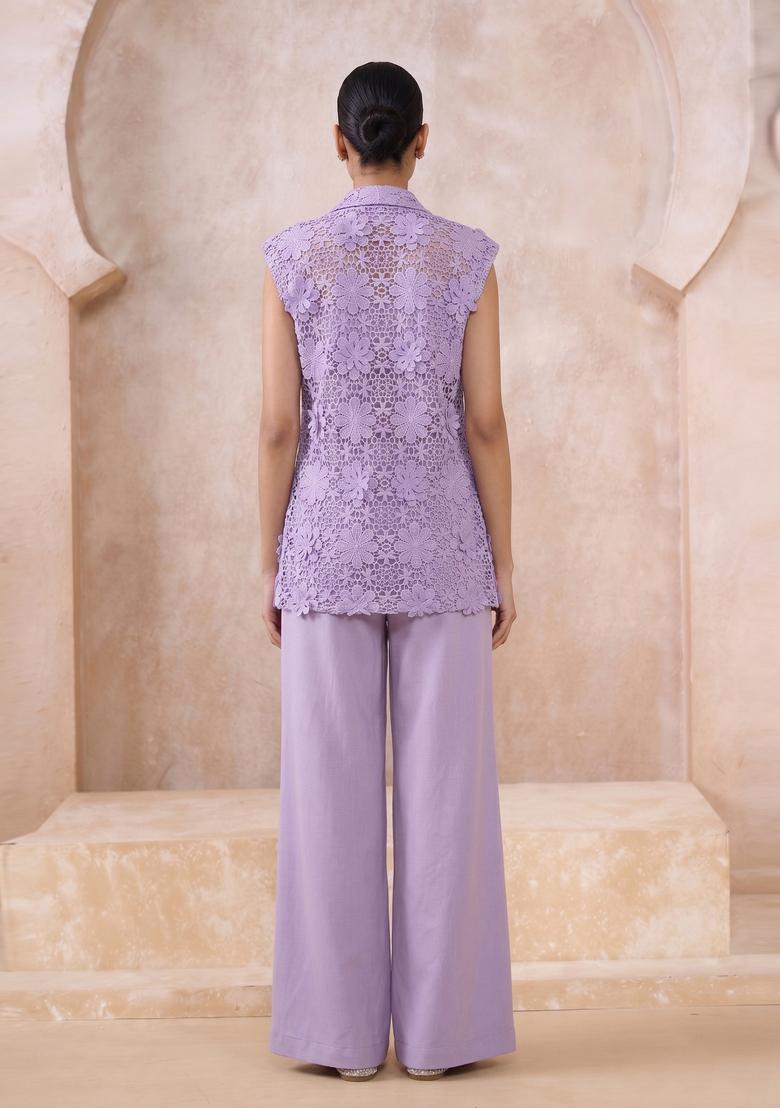 Lavender Embroidered Hakoba Fusion Set - Indya