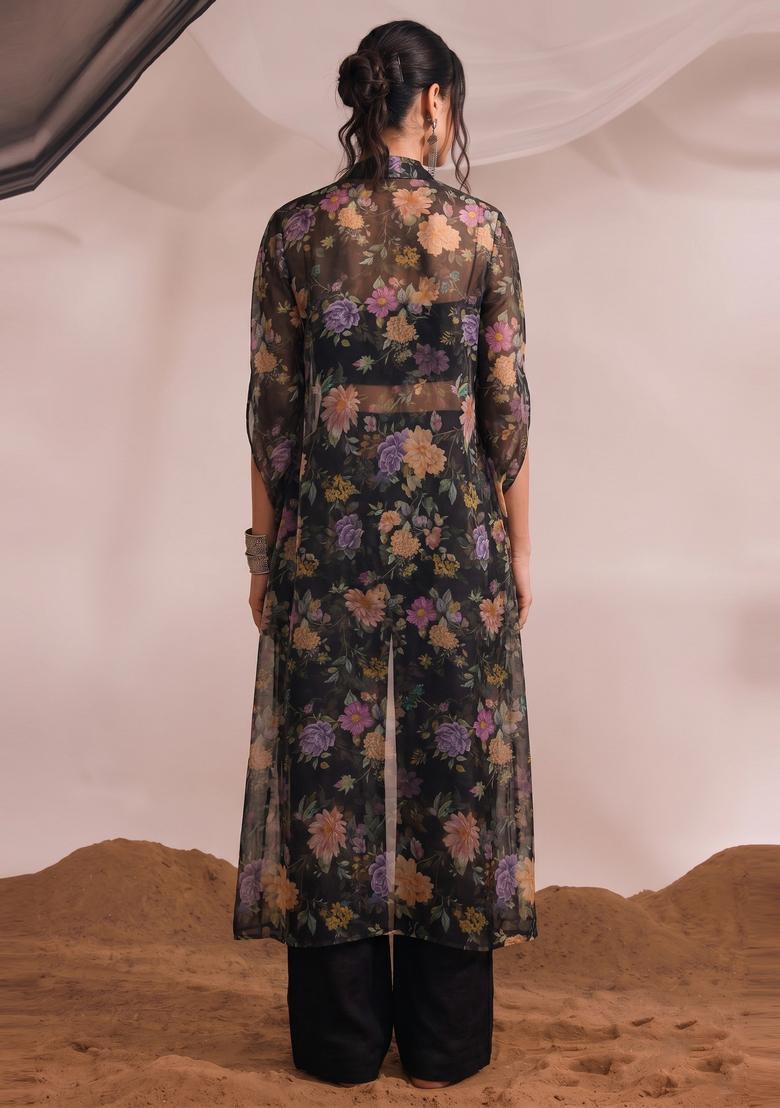 Black Printed Silk Blend Fusion Set - Indya