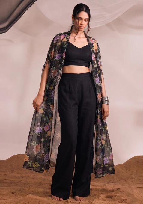 Black Printed Silk Blend Fusion Set