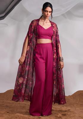 Magenta Printed Silk Blend Fusion Set