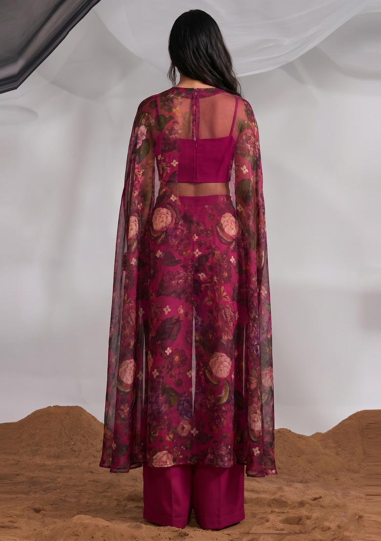 Magenta Printed Silk Blend Fusion Set - Indya