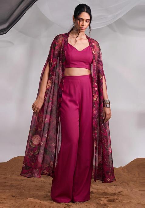 Magenta Printed Silk Blend Fusion Set