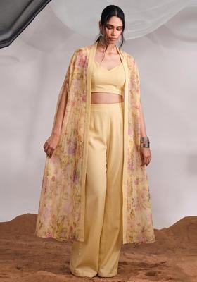 Pastel Yellow Printed Silk Blend Fusion Set