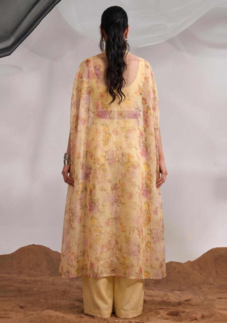 Pastel Yellow Printed Silk Blend Fusion Set - Indya