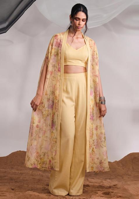 Pastel Yellow Printed Silk Fusion Set