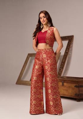 Crimson Red Embroidered Brocade Fusion Set