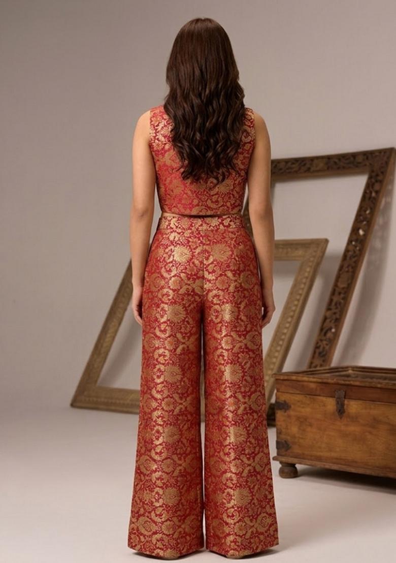 Crimson Red Embroidered Brocade Fusion Set - Indya