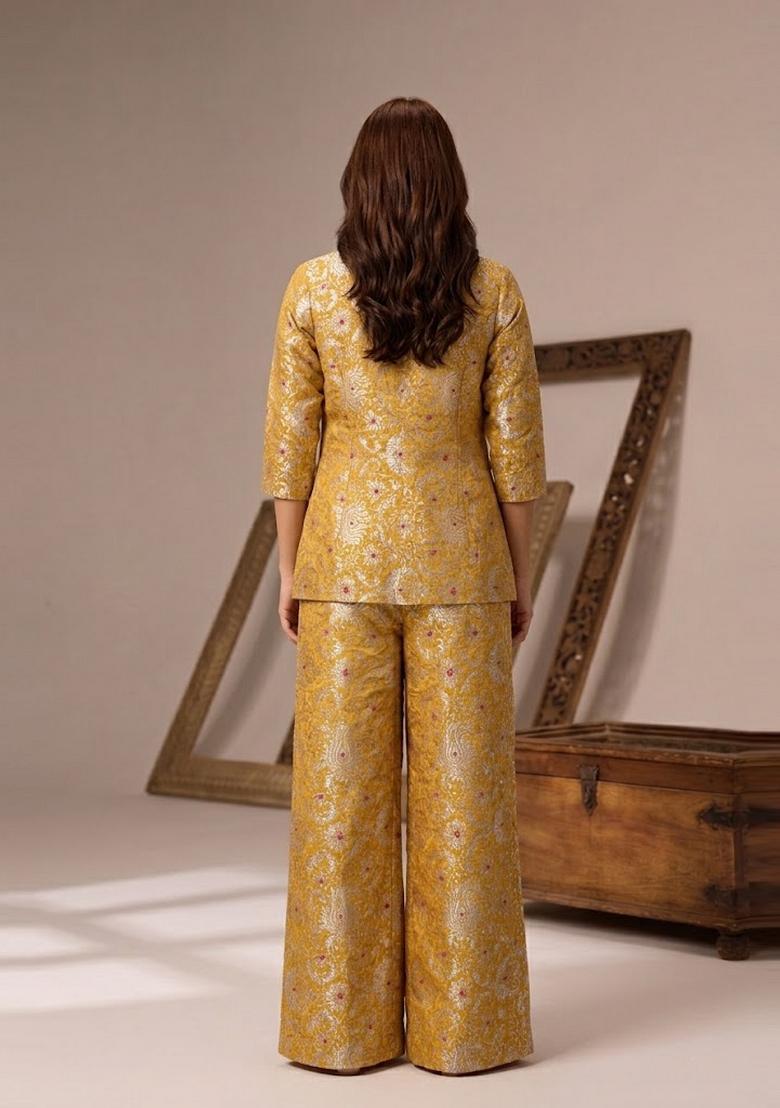 Mustard Yellow Embroidered Brocade Fusion Set - Indya
