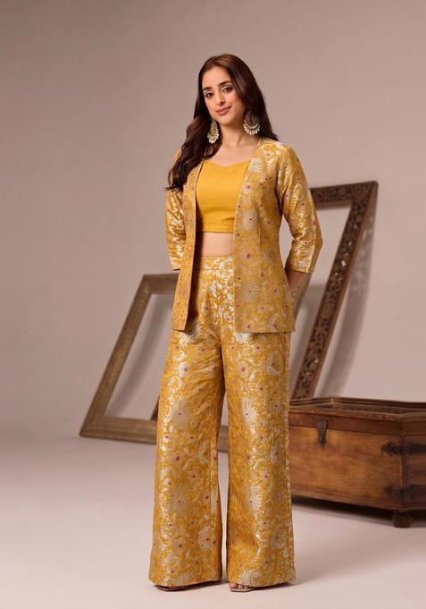 Mustard Yellow Embroidered Brocade Fusion Set