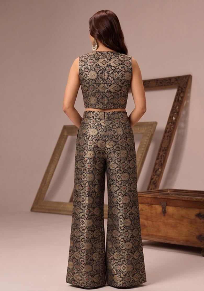 Black Embroidered Brocade Fusion Set - Indya