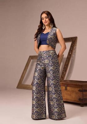 Navy Blue Embroidered Brocade Fusion Set