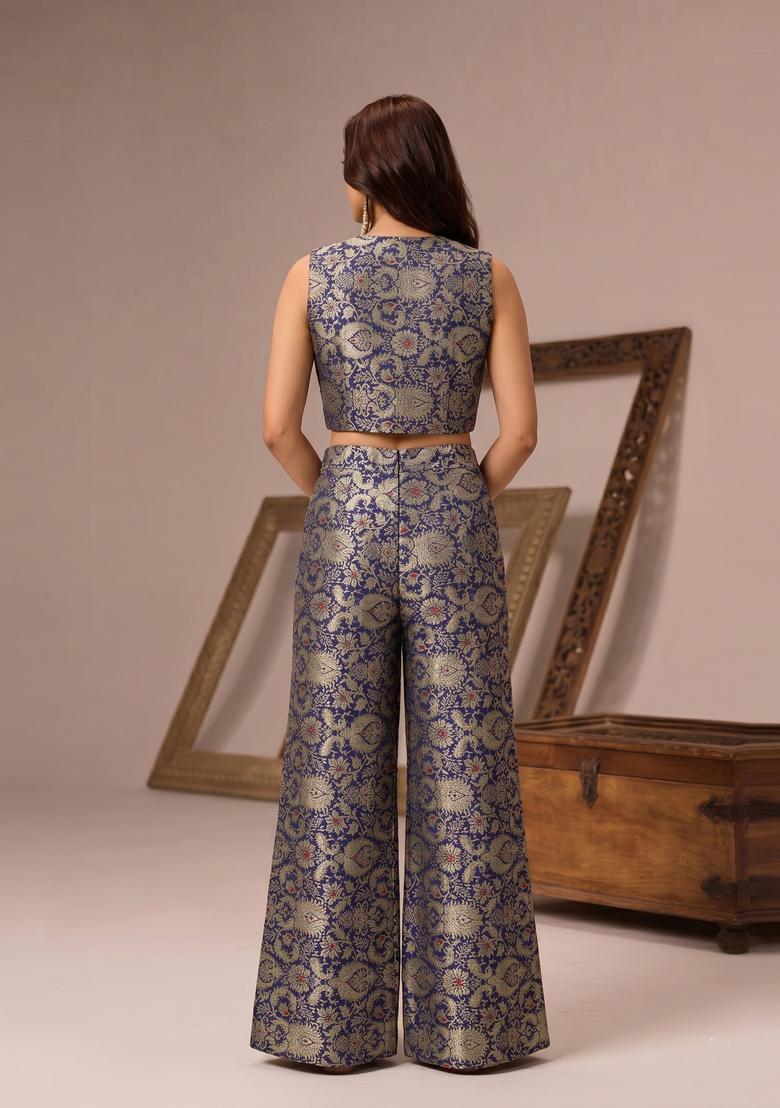 Navy Blue Embroidered Brocade Fusion Set - Indya