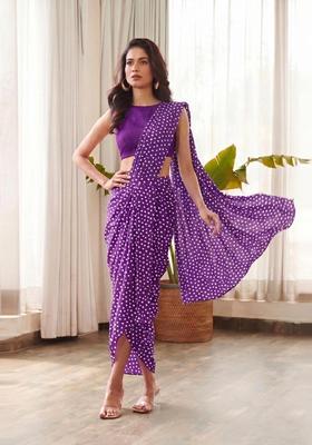 Deep Purple Printed Crepe Pre Draped Saree Set