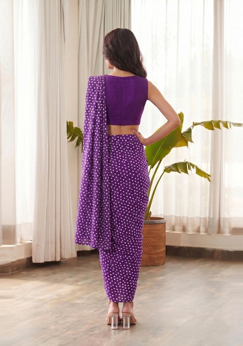 Deep Purple Printed Crepe Pre Draped Saree Set - Indya