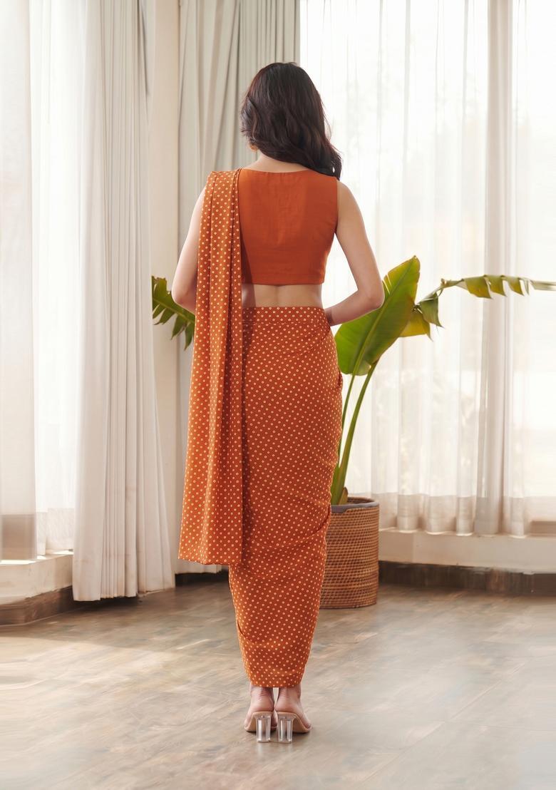 Rust Orange Printed Crepe Pre Draped Saree Set - Indya