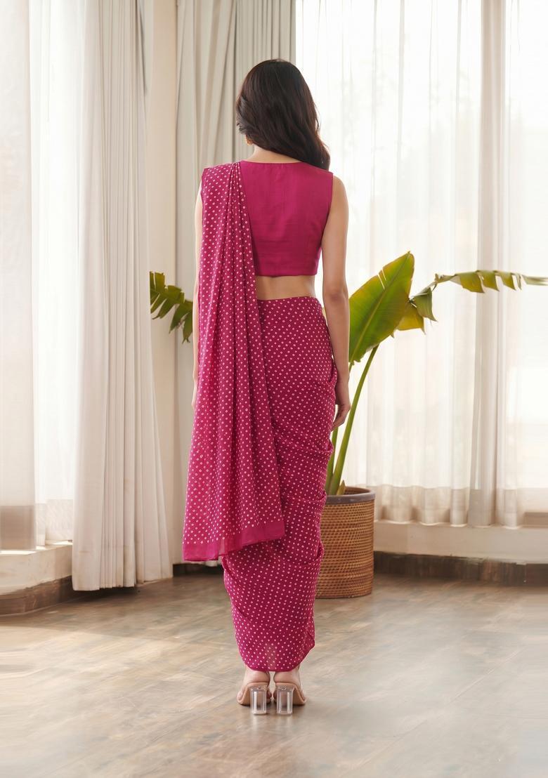 Magenta Printed Crepe Pre Draped Saree Set - Indya