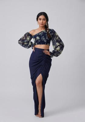Navy Blue Printed Chiffon Fusion Set