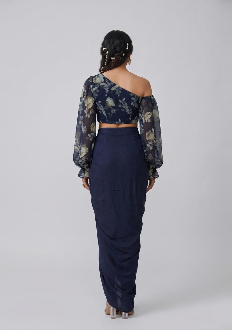 Navy Blue Printed Chiffon Fusion Set - Indya
