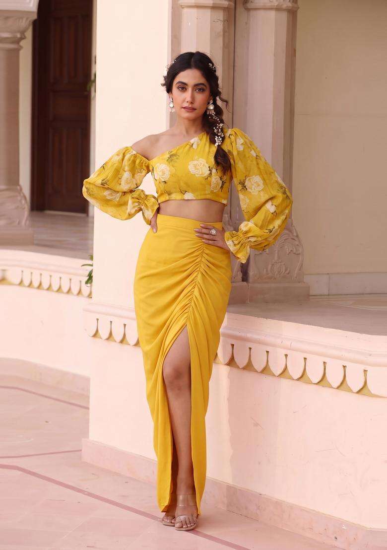 Yellow Printed Chiffon Fusion Set - Indya