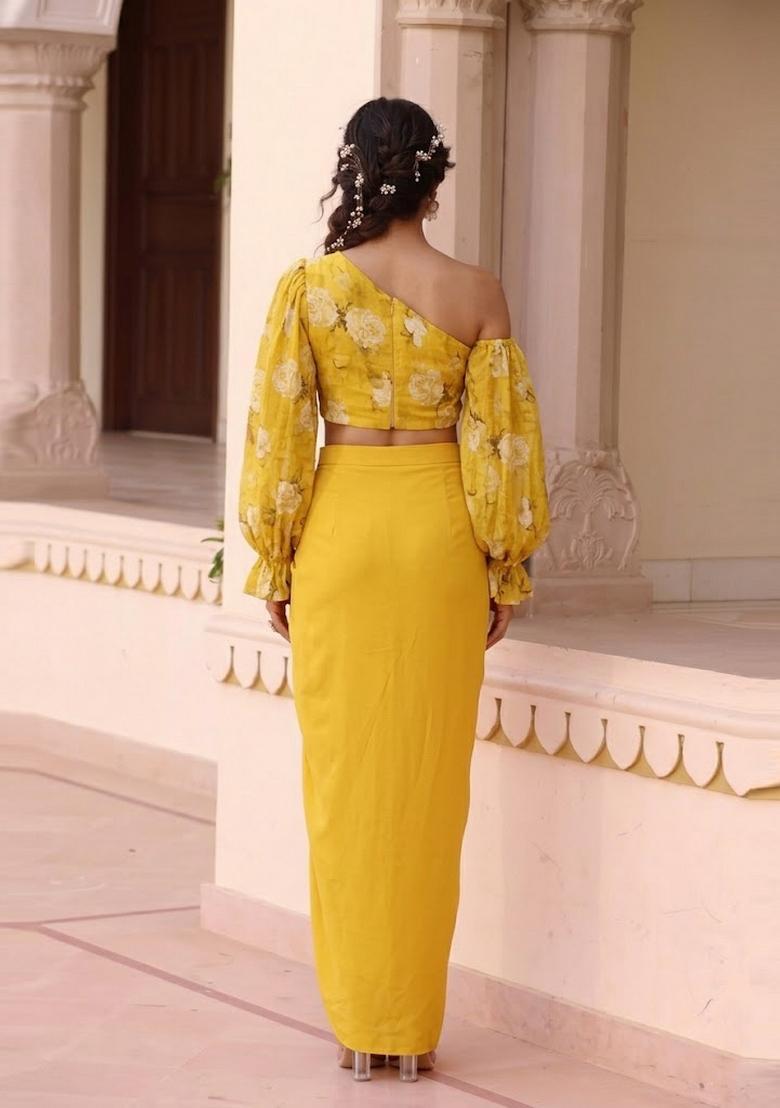 Yellow Printed Chiffon Fusion Set - Indya