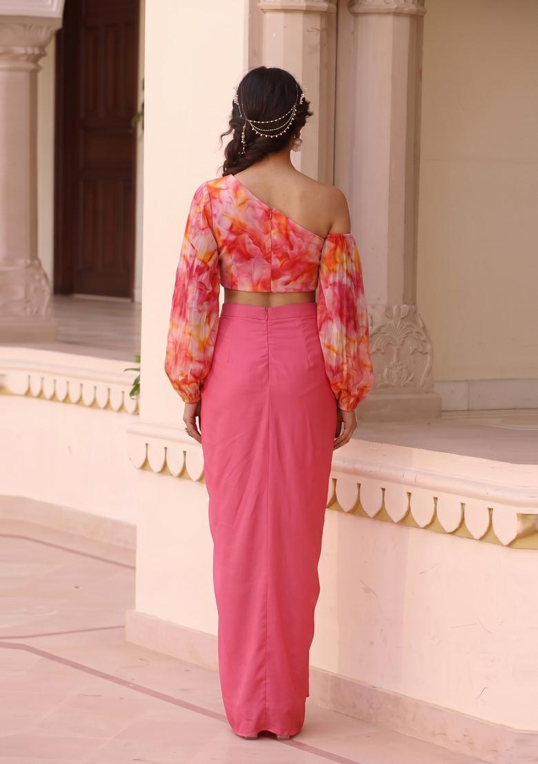 Pink Printed Chiffon Fusion Set - Indya