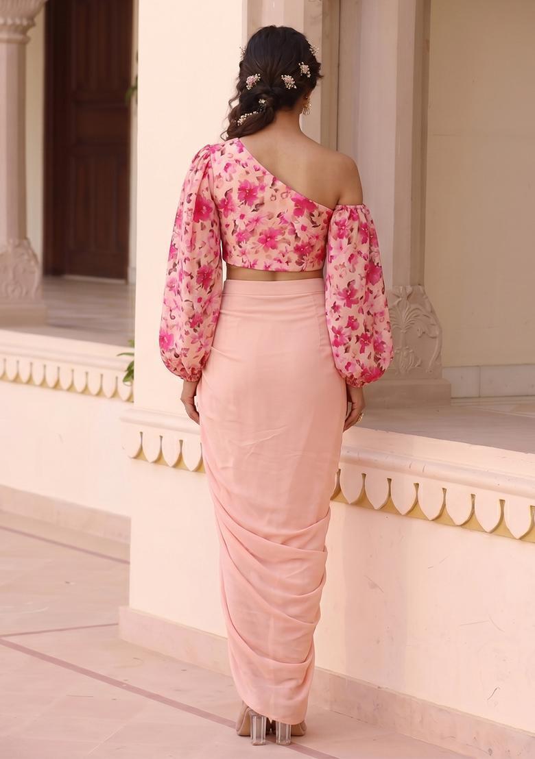 Pastel Peach Printed Chiffon Fusion Set - Indya