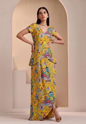 Mustard Yellow Printed Crepe Fusion Set